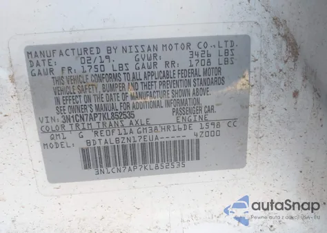 2019 Nissan Versa 1.6 Sv из США, поврежденный, VIN 3N1CN7AP7KL852535